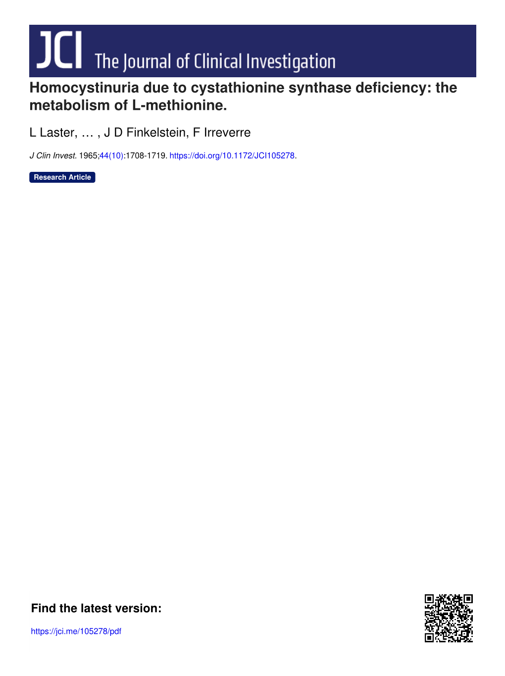 Homocystinuria Due to Cystathionine Synthase Deficiency: the Metabolism of L-Methionine