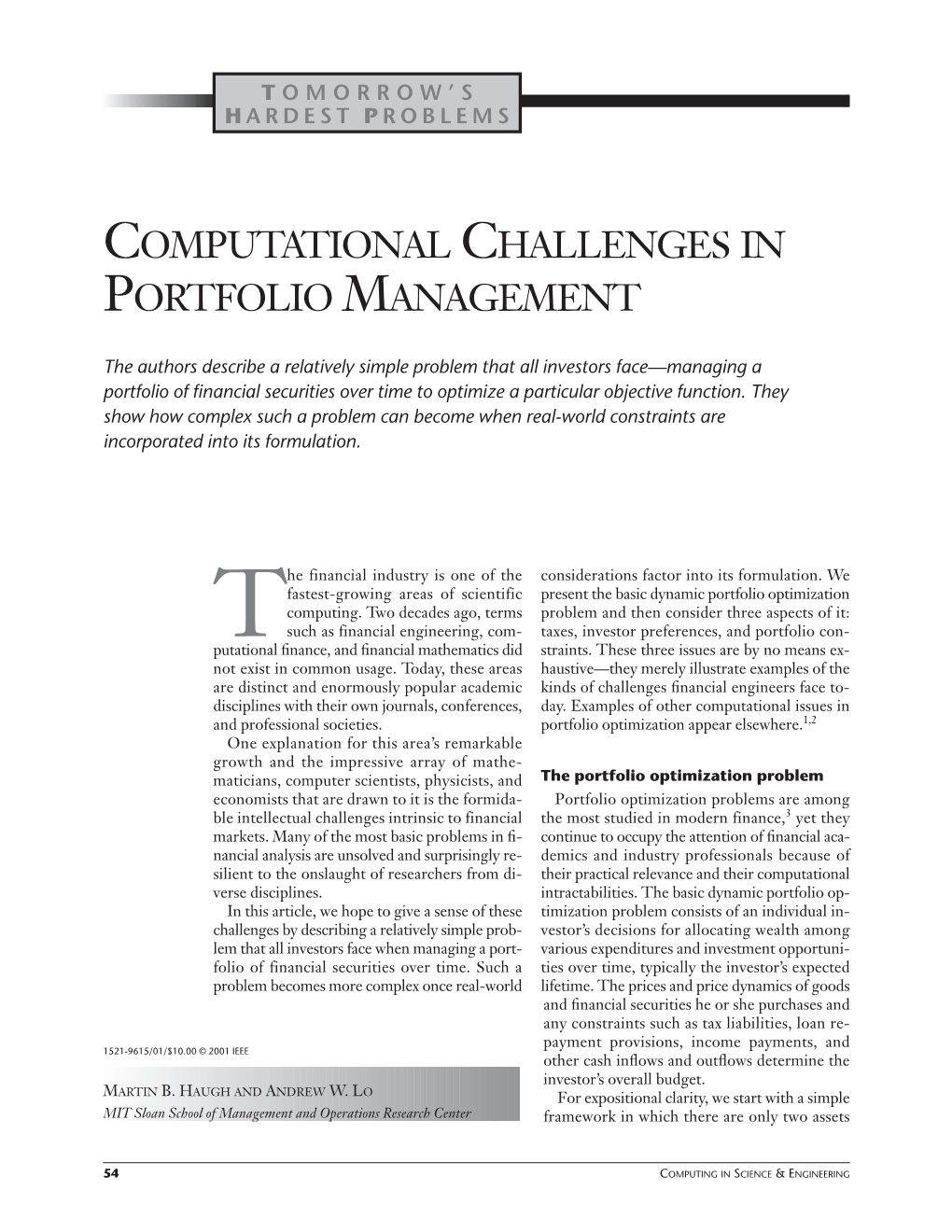 Computational Challenges in Portfolio Management