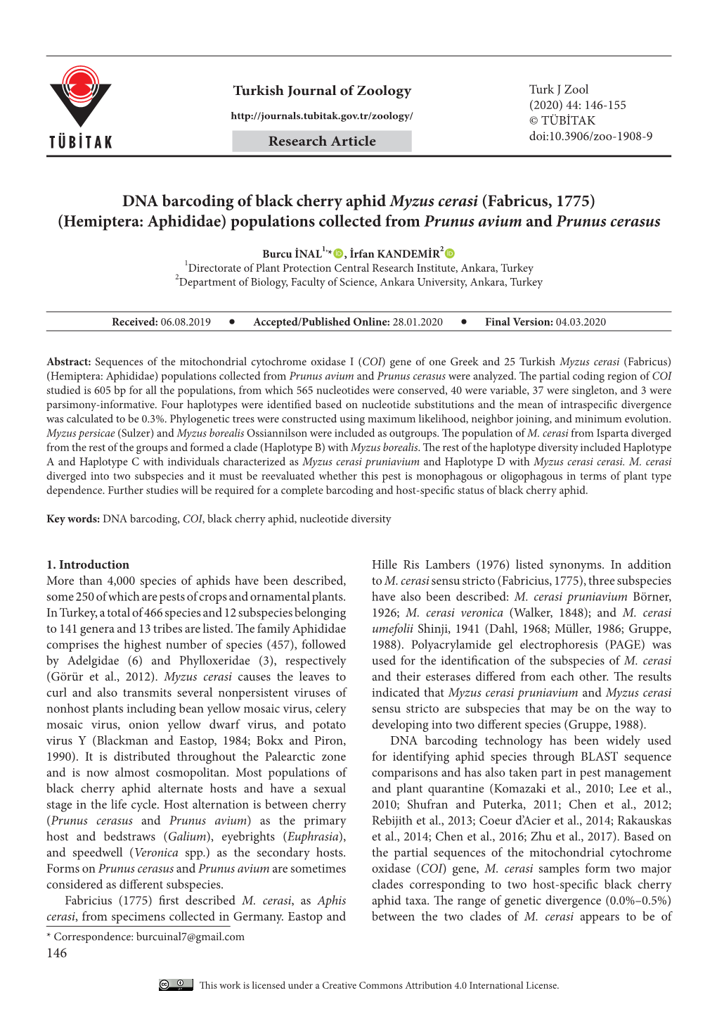 DNA Barcoding of Black Cherry Aphid Myzus Cerasi (Fabricus, 1775) (Hemiptera: Aphididae) Populations Collected from Prunus Avium and Prunus Cerasus