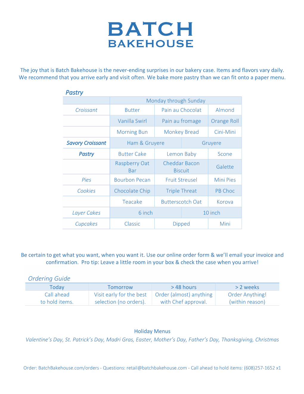 Batch Bakehouse Menu and Ordering Guide