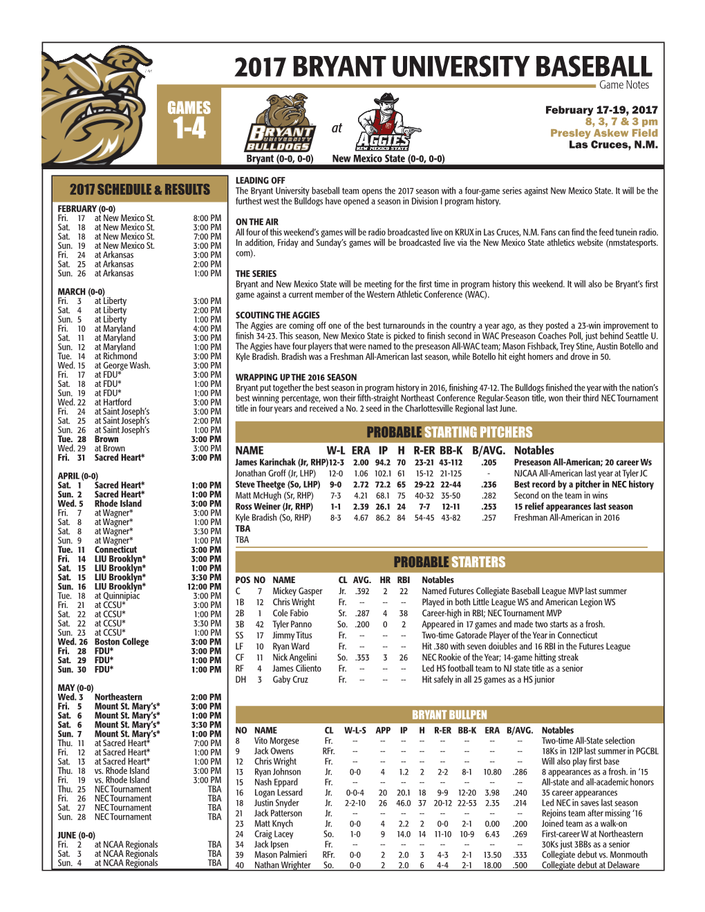 2017 BRYANT UNIVERSITY BASEBALL Game Notes