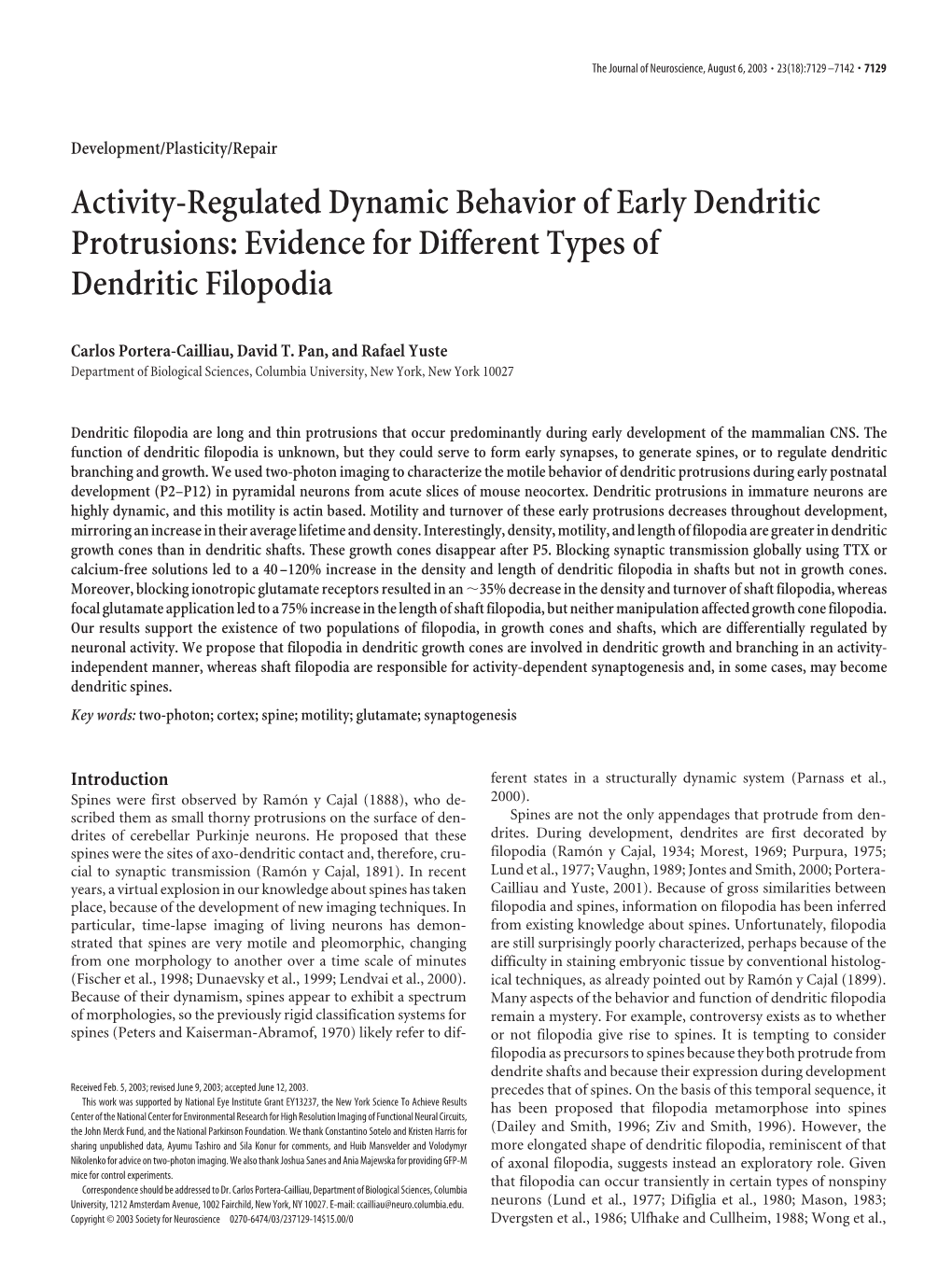 Evidence for Different Types of Dendritic Filopodia