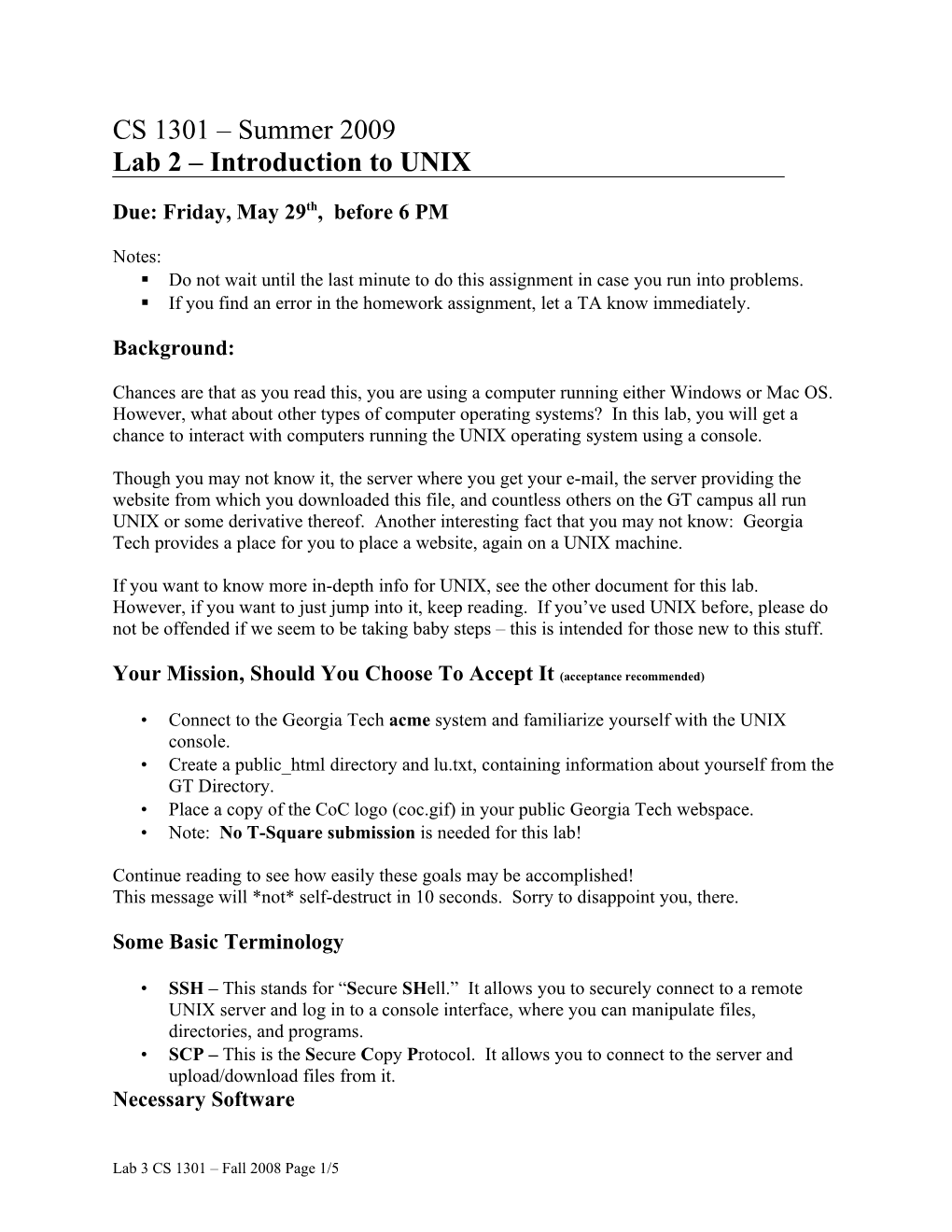 CS 1301 – Summer 2009 Lab 2 – Introduction to UNIX