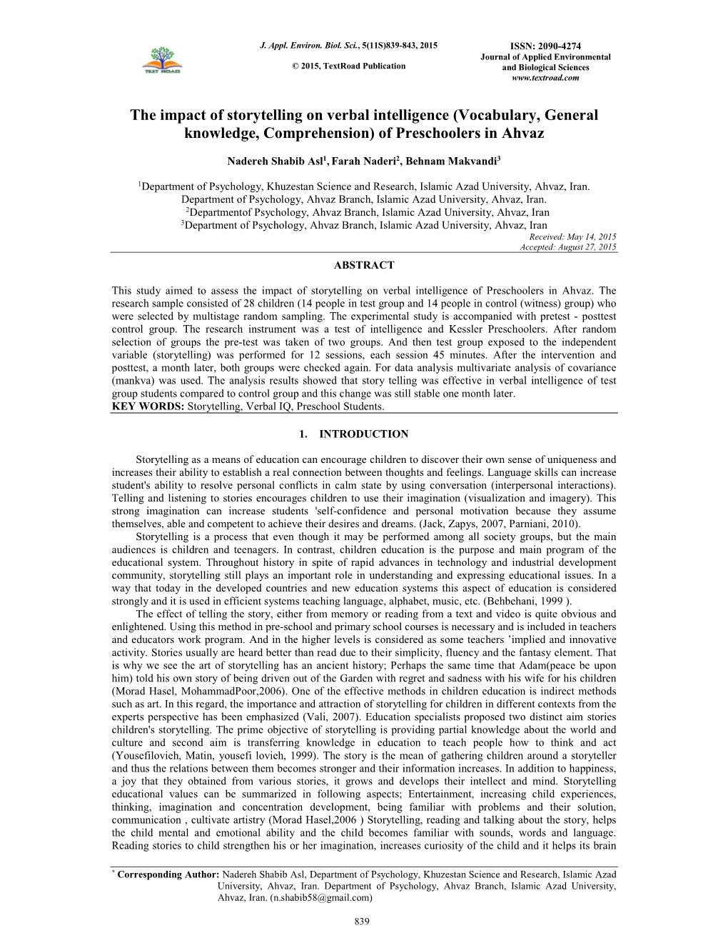 The Impact of Storytelling on Verbal Intelligence (Vocabulary, General Knowledge, Comprehension) of Preschoolers in Ahvaz