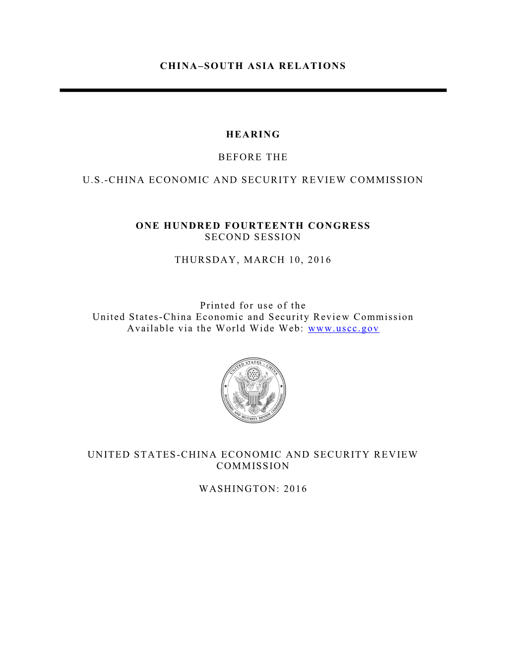 China–South Asia Relations Hearing Before the U.S