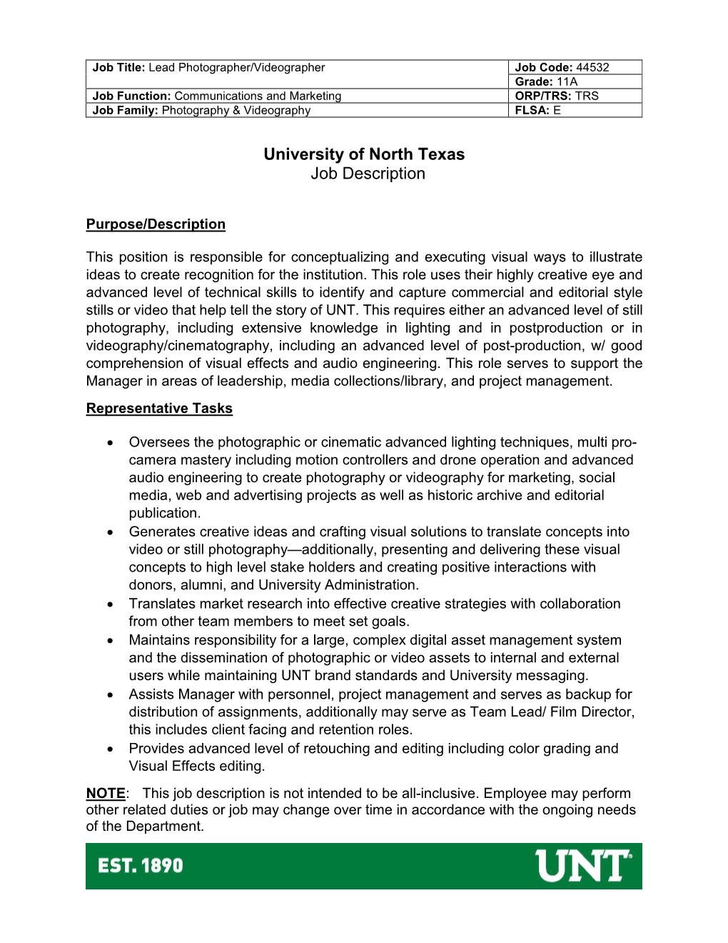 University of North Texas Job Description