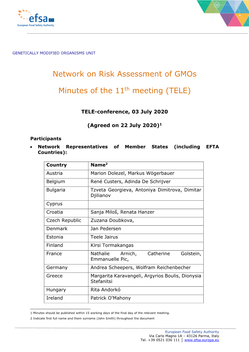 Network on Risk Assessment of Gmos Minutes of the 11Th Meeting