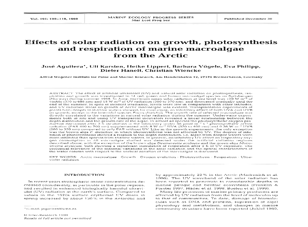 Effects of Solar Radiation on Growth, Photosynthesis and Respiration of Marine Macroalgae from the Arctic