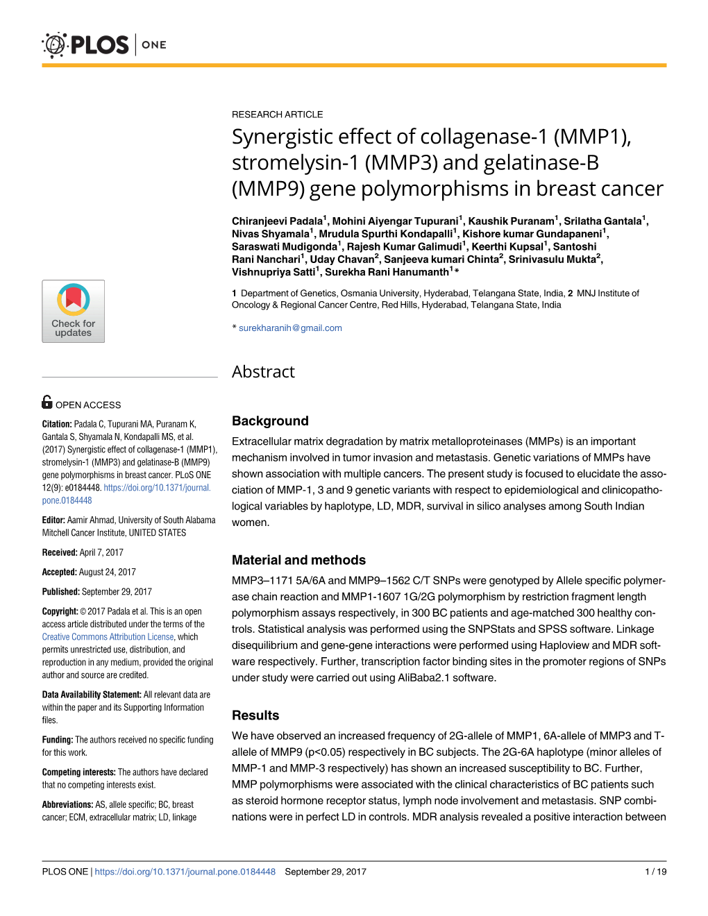 Synergistic Effect of Collagenase-1 (MMP1), Stromelysin-1 (MMP3) and Gelatinase-B (MMP9) Gene Polymorphisms in Breast Cancer