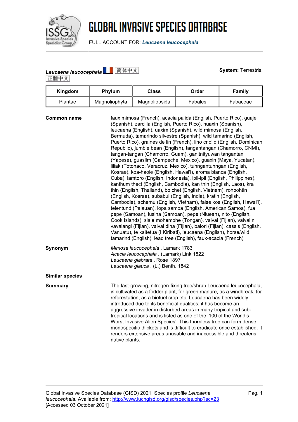 Leucaena Leucocephala Global Invasive Species Database (GISD)