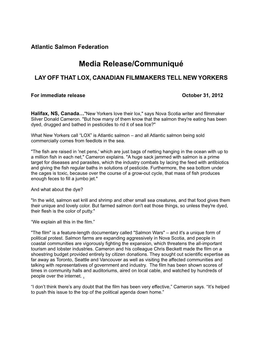 Media Release/Communiqué