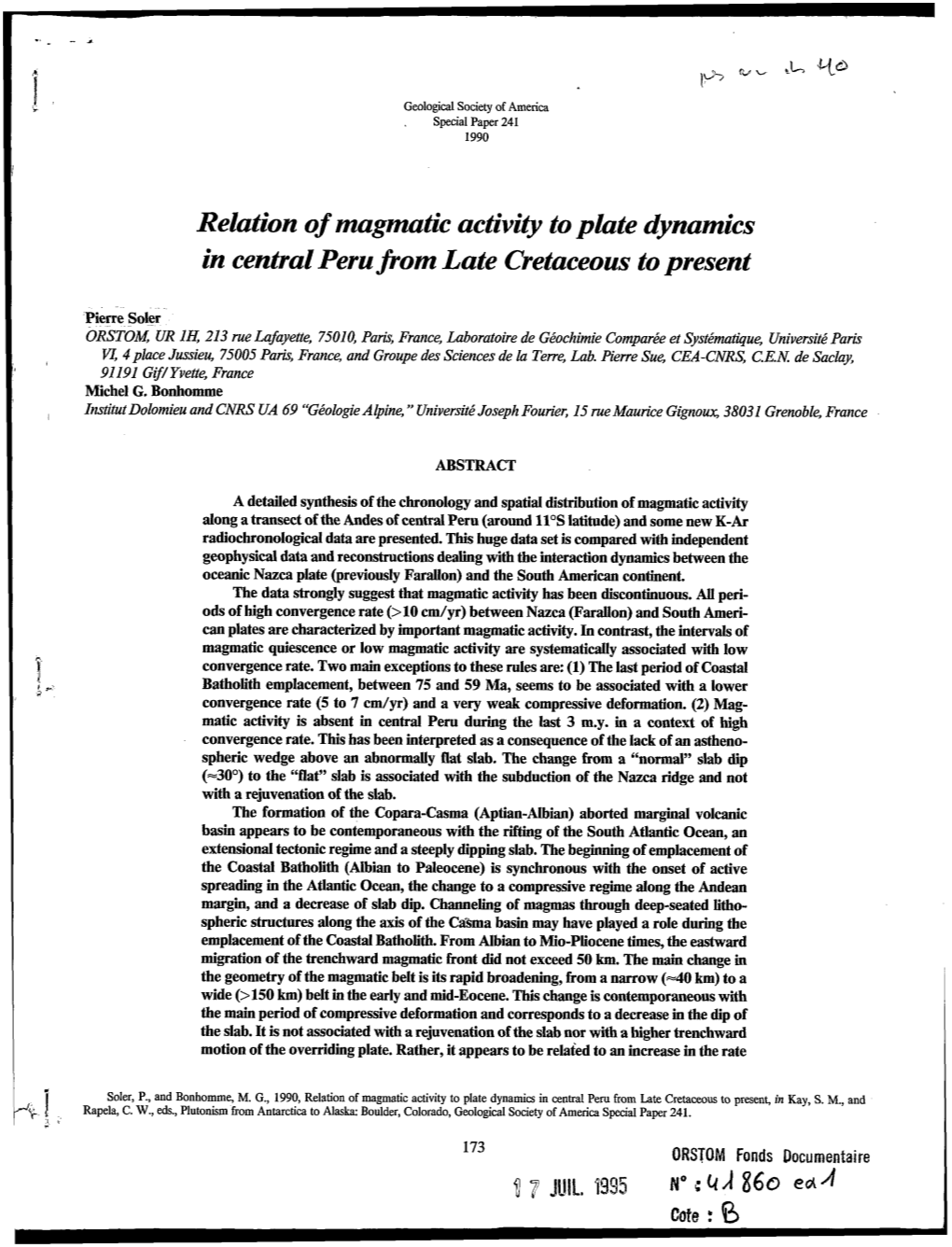 Relation of Magmatic Activity to Plate Dynamics in Central Peru from Late Cretaceous to Present, in Kay, S