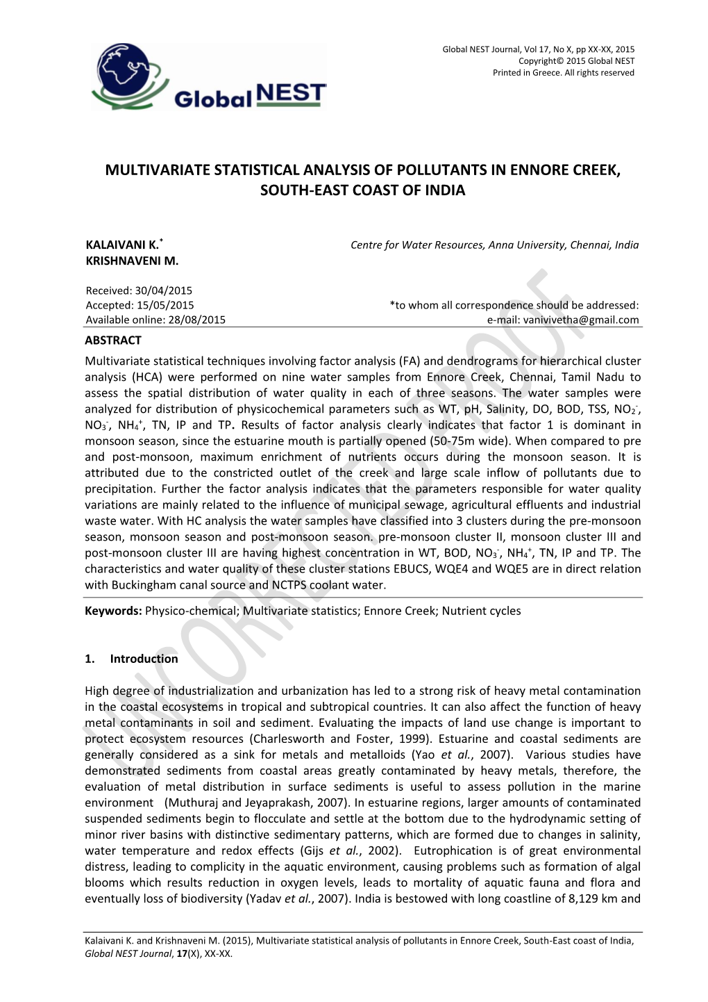 Multivariate Statistical Analysis of Pollutants in Ennore Creek, South-East Coast of India