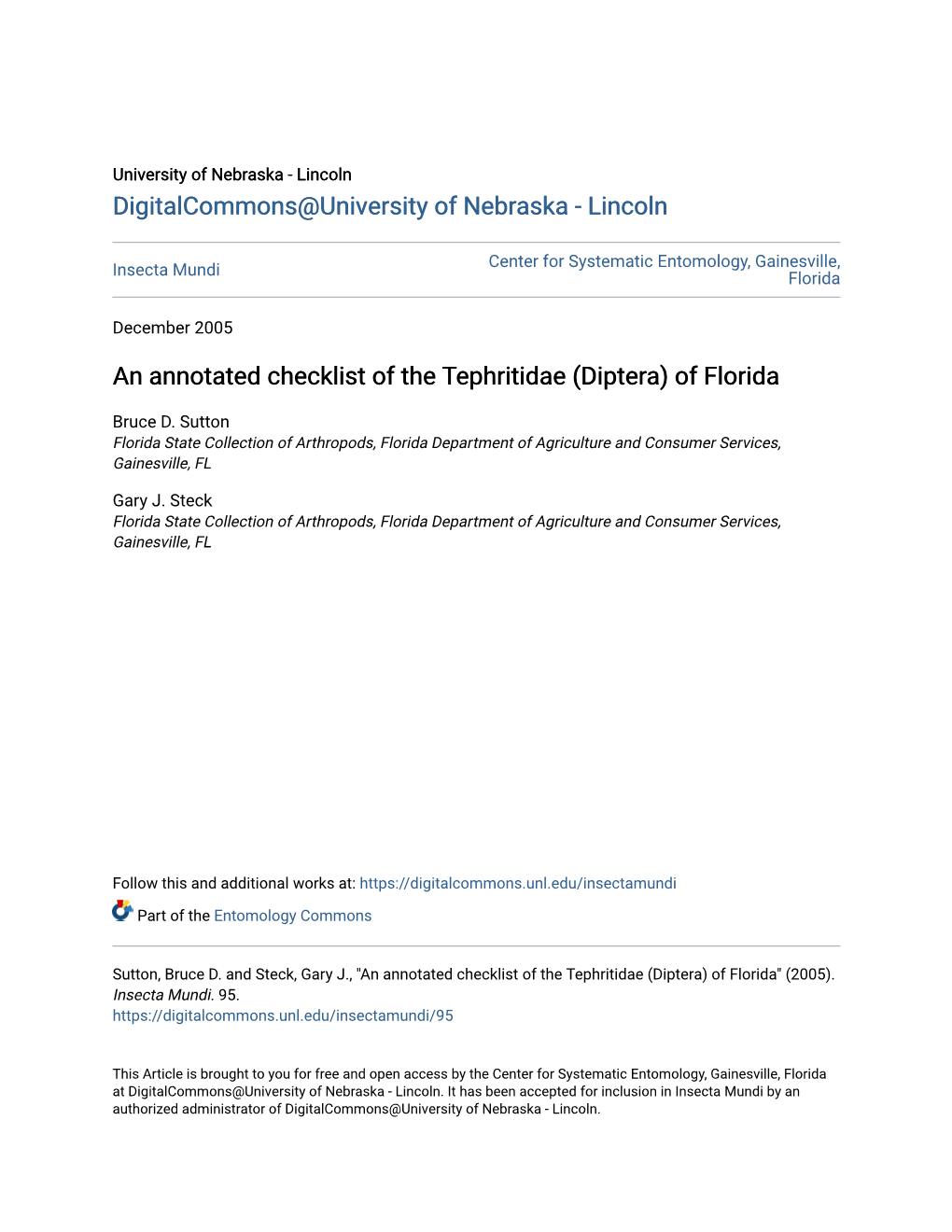 An Annotated Checklist of the Tephritidae (Diptera) of Florida