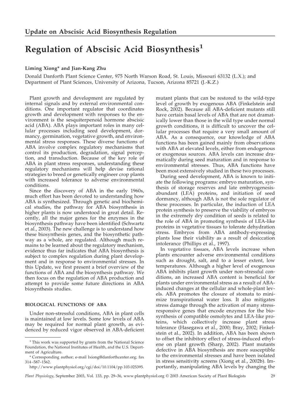 Regulation of Abscisic Acid Biosynthesis1