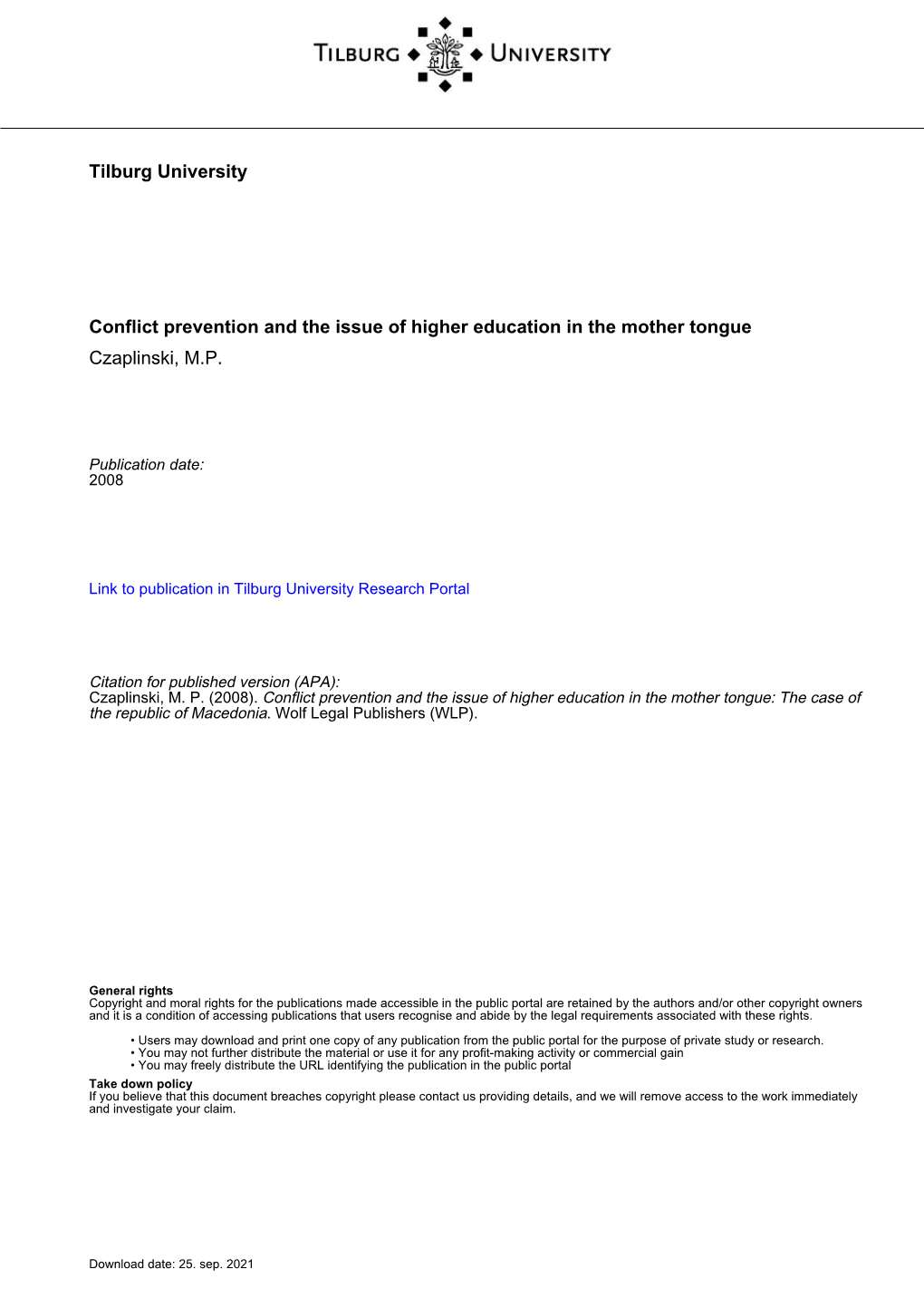 Tilburg University Conflict Prevention and the Issue of Higher Education In