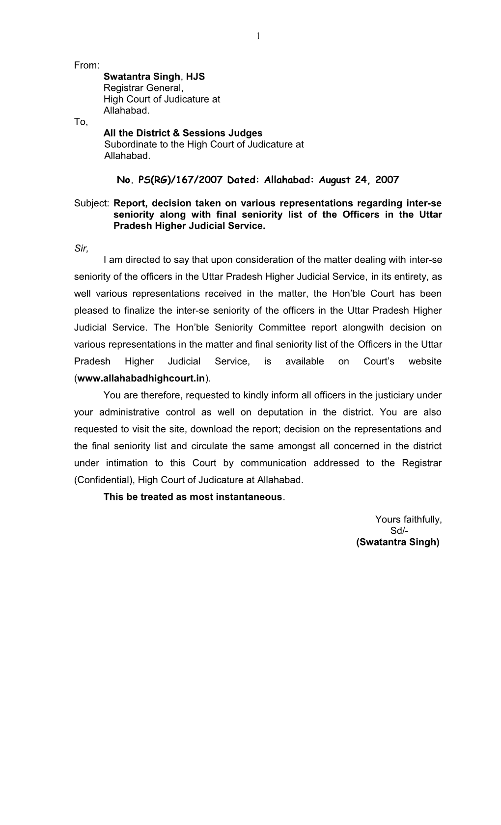 Report of the Higher Judicial Service Seniority Committee of Hon'ble Dr