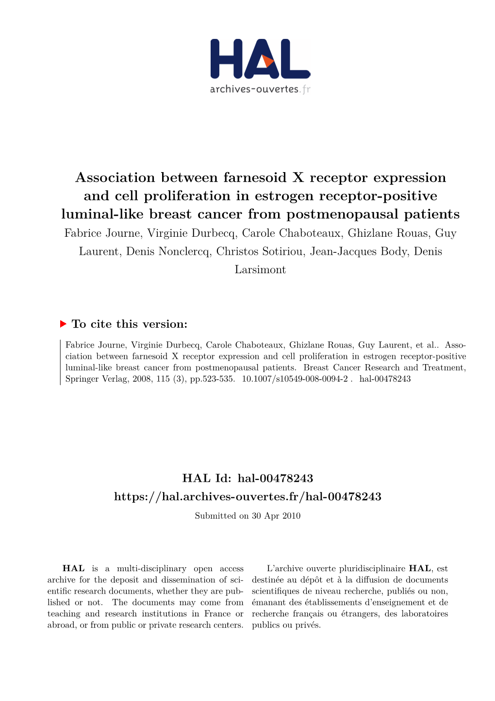 Association Between Farnesoid X Receptor Expression and Cell