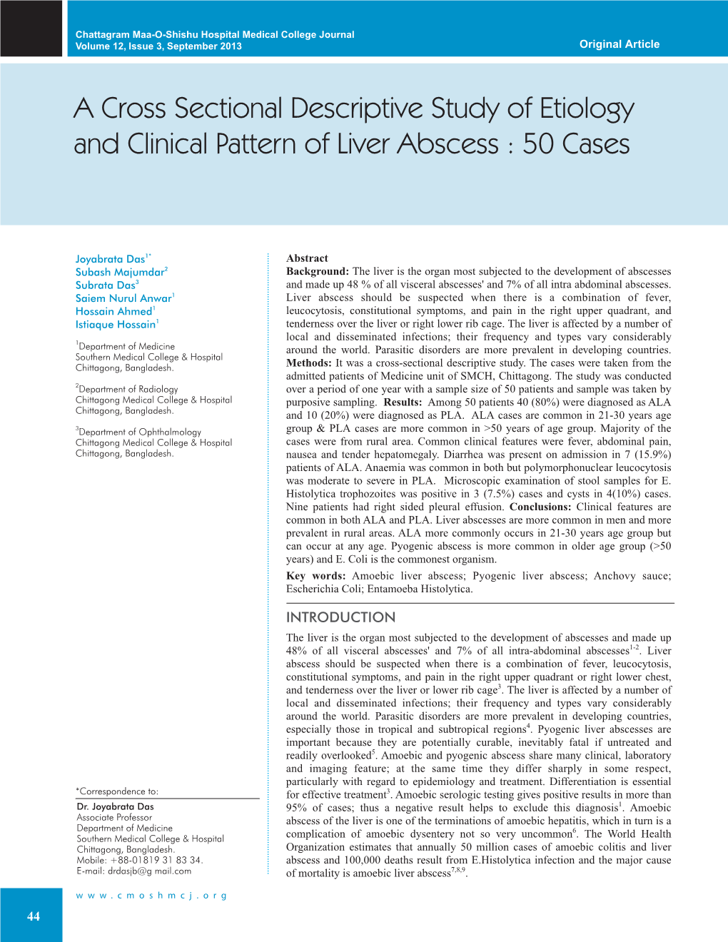 A Cross Sectional Descriptive Study of Etiology and Clinical Pattern of Liver Abscess : 50 Cases