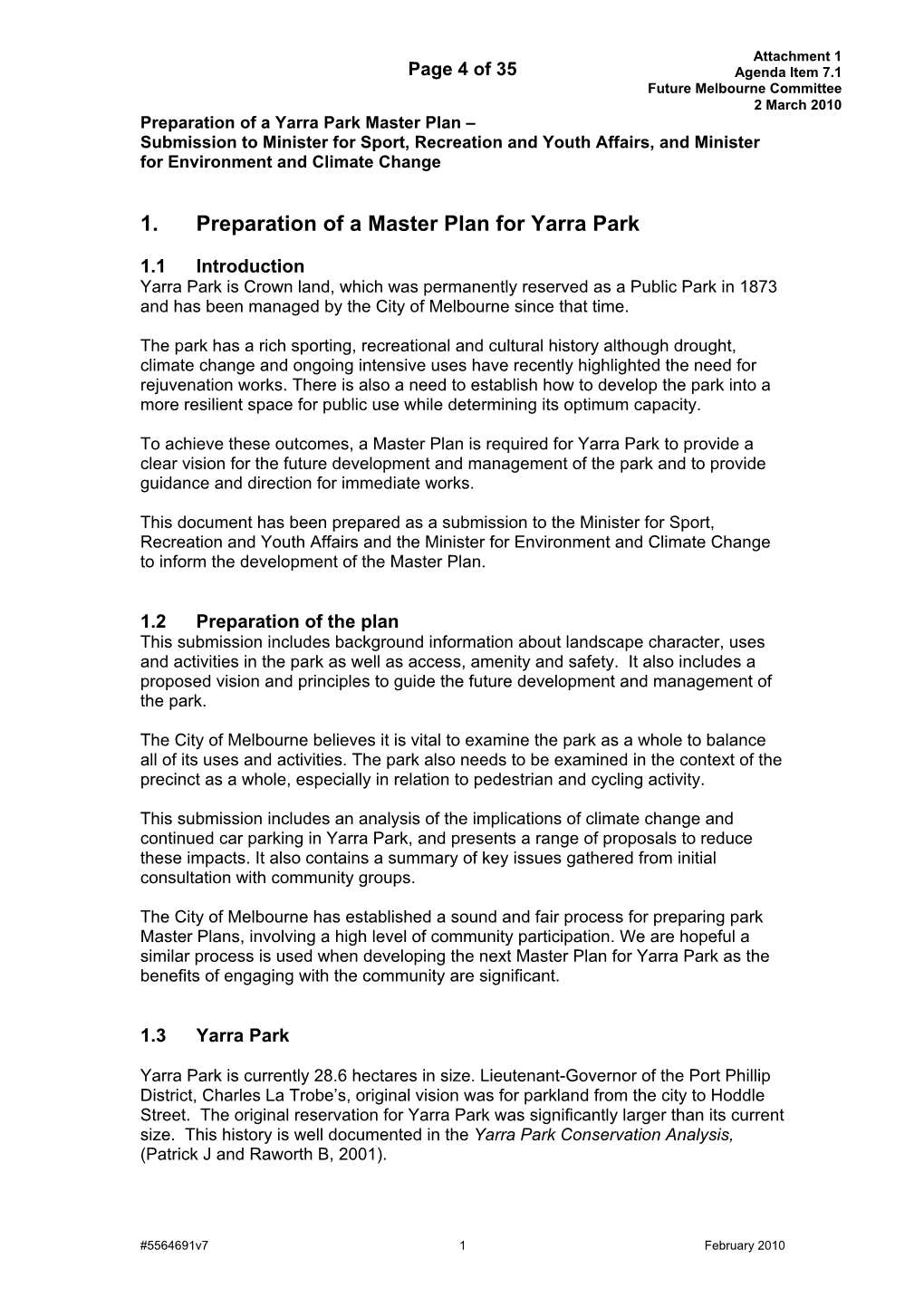 Submission on the Preparation of a Master Plan for Yarra Park