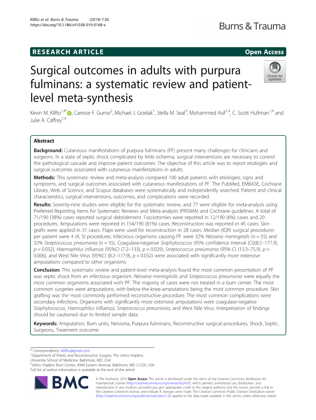 Surgical Outcomes in Adults with Purpura Fulminans: a Systematic Review and Patient- Level Meta-Synthesis Kevin M
