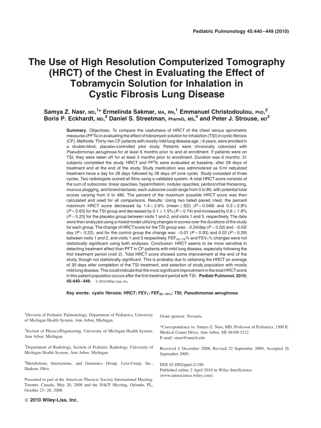 HRCT) of the Chest in Evaluating the Effect of Tobramycin Solution for Inhalation in Cystic Fibrosis Lung Disease