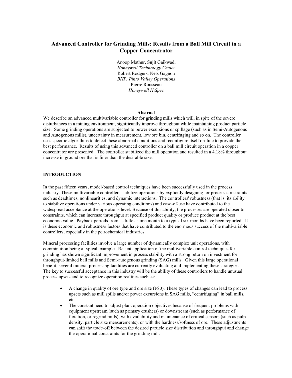 Advanced Controller for Grinding Mills: Results from a Ball Mill Circuit in a Copper Concentrator