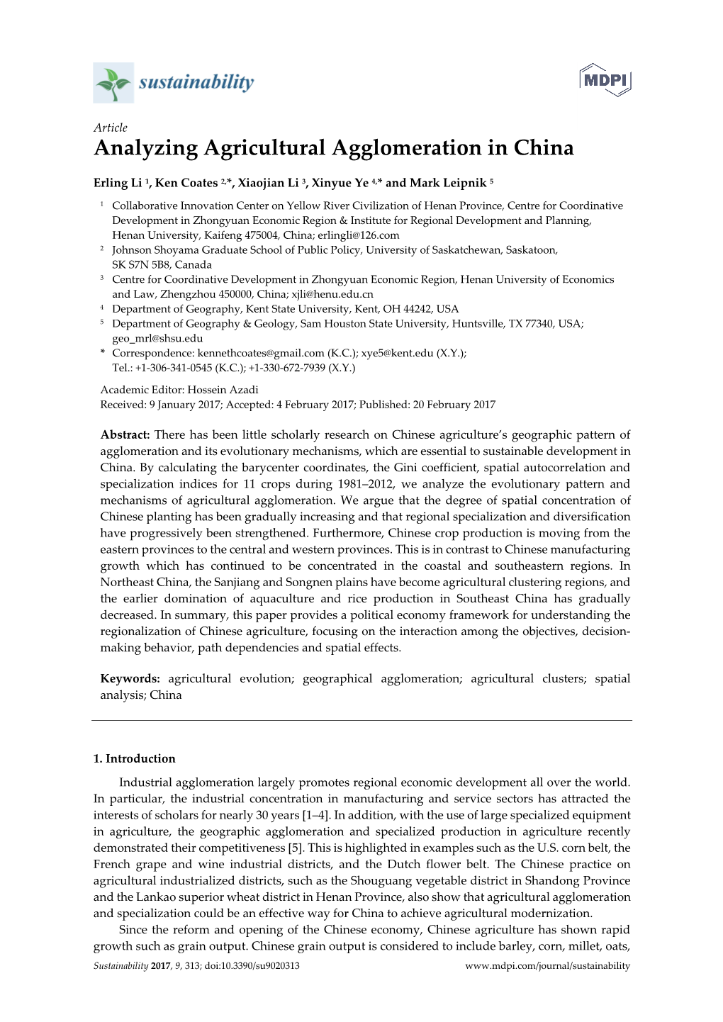 Analyzing Agricultural Agglomeration in China