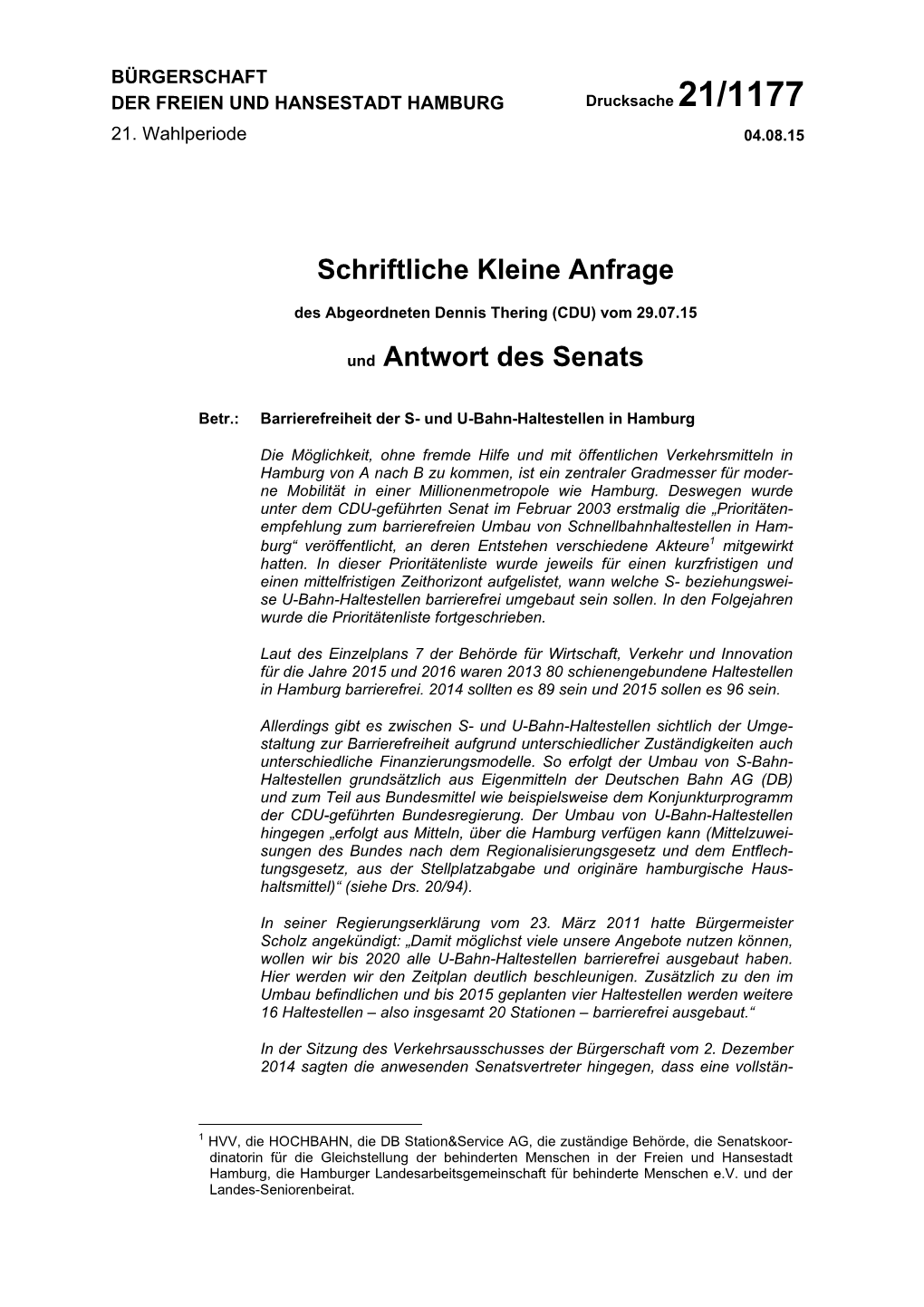 Schriftliche Kleine Anfrage Und Antwort Des Senats