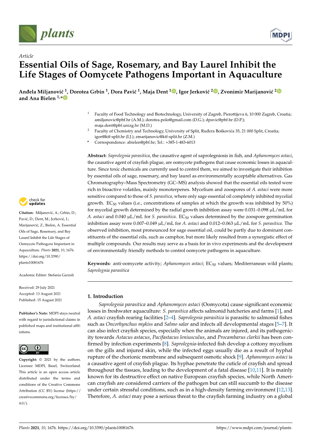 Essential Oils of Sage, Rosemary, and Bay Laurel Inhibit the Life Stages of Oomycete Pathogens Important in Aquaculture
