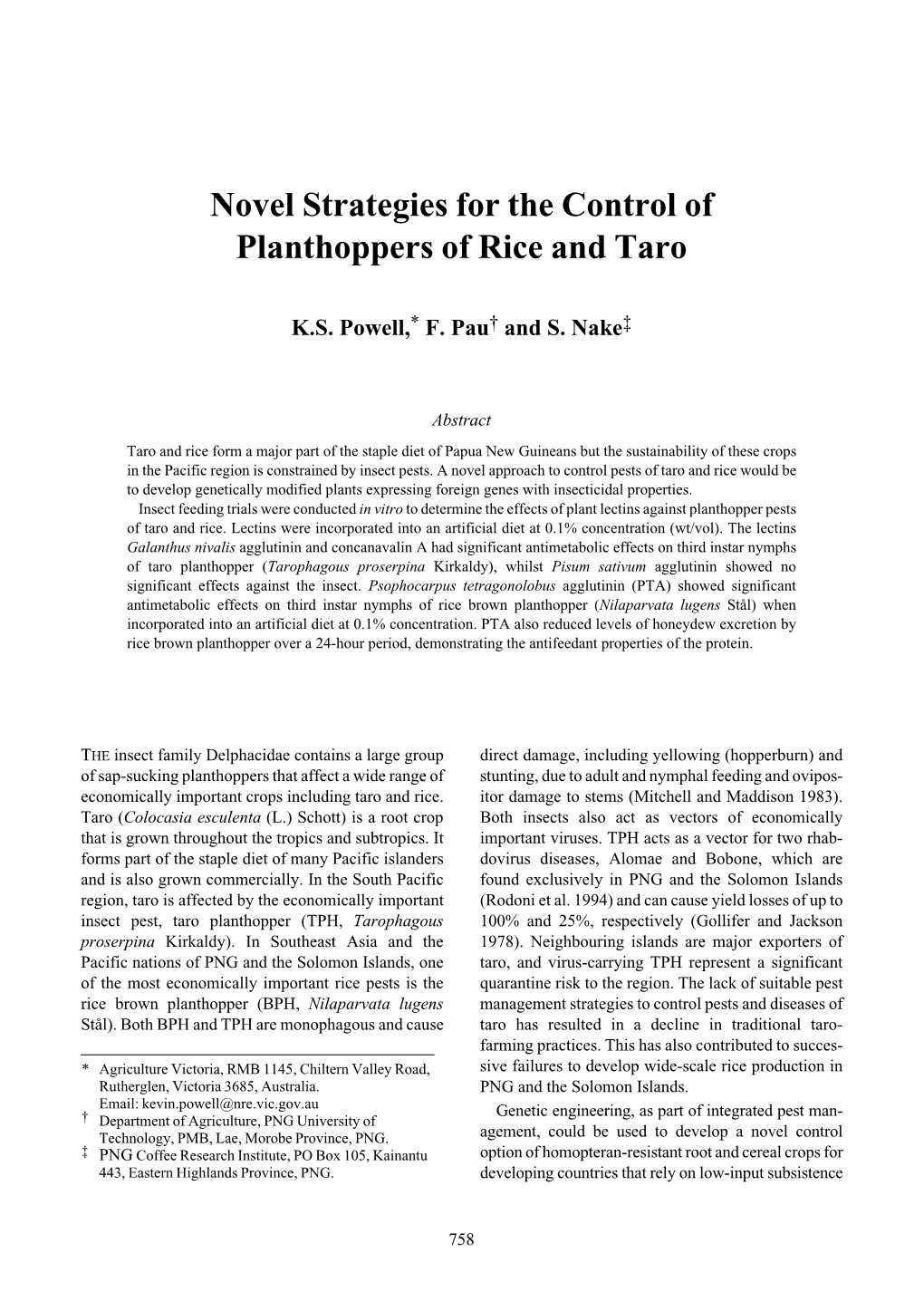 Novel Strategies for the Control of Planthoppers of Rice and Taro