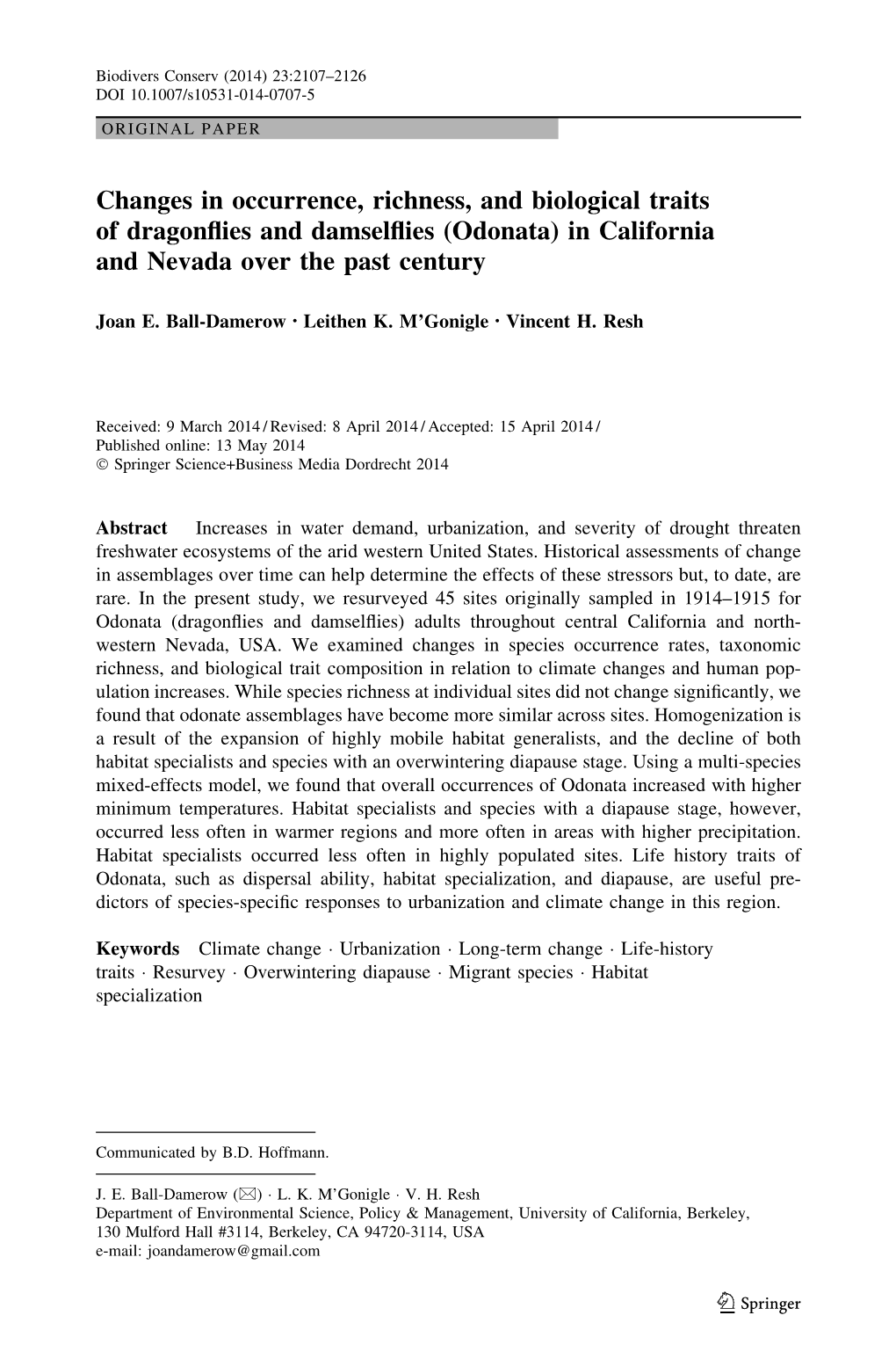 Changes in Occurrence, Richness, and Biological Traits of Dragonflies and Damselflies (Odonata) in California and Nevada Over Th