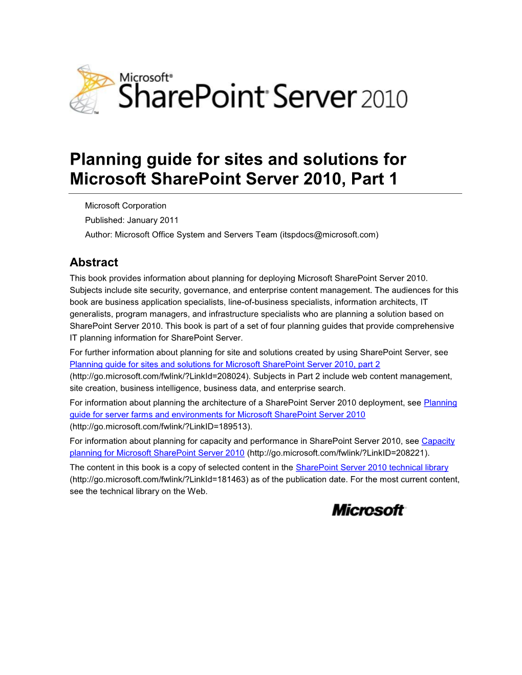 Planning Guide for Sites and Solutions for Microsoft Sharepoint Server 2010, Part 1