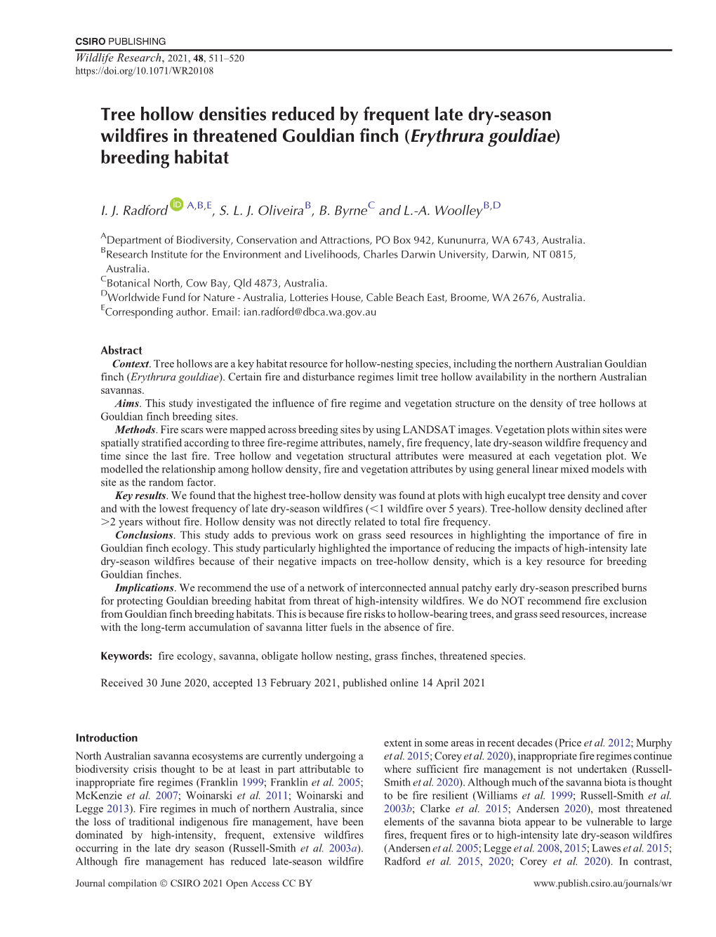 Tree Hollow Densities Reduced by Frequent Late Dry-Season Wildfires in Threatened Gouldian Finch (Erythrura Gouldiae) Breeding Habitat