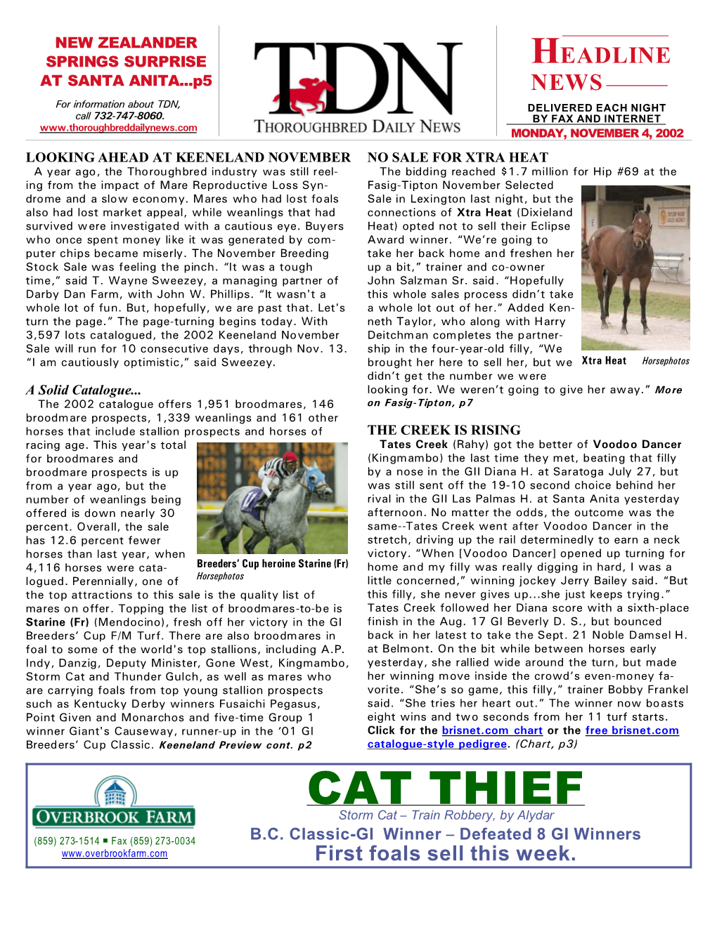 HEADLINE at SANTA ANITA...P5 NEWS for Information About TDN, DELIVERED EACH NIGHT Call 732-747-8060