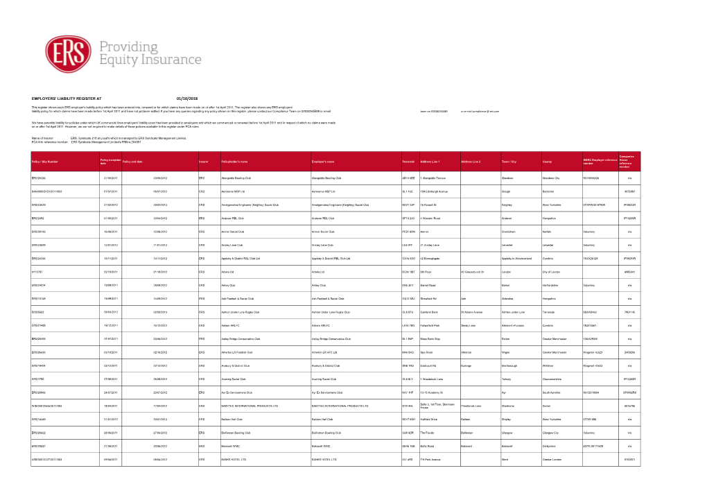 Employers' Liability Register at 01/10/2018
