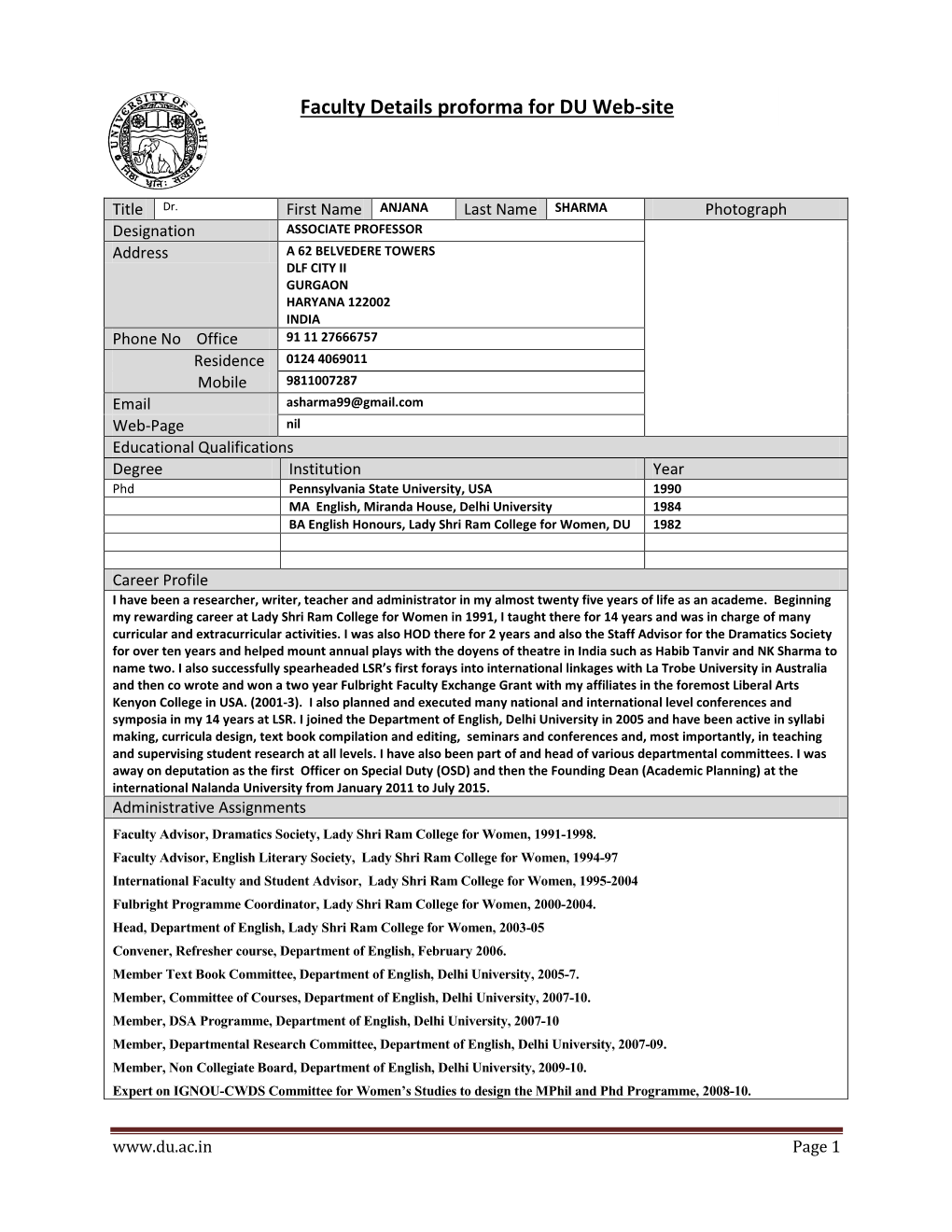 Faculty Details Proforma for DU Web-Site