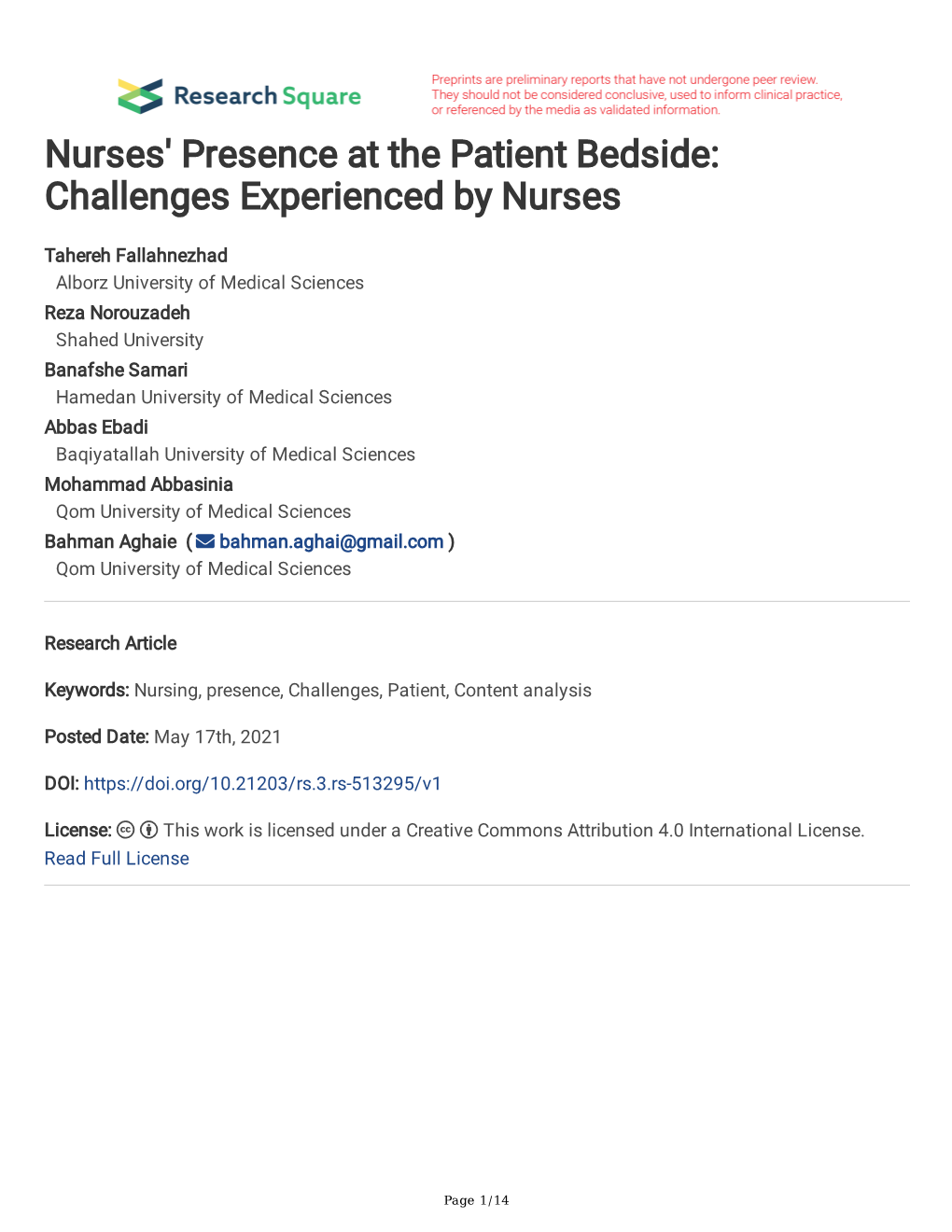 Nurses' Presence at the Patient Bedside: Challenges Experienced by Nurses