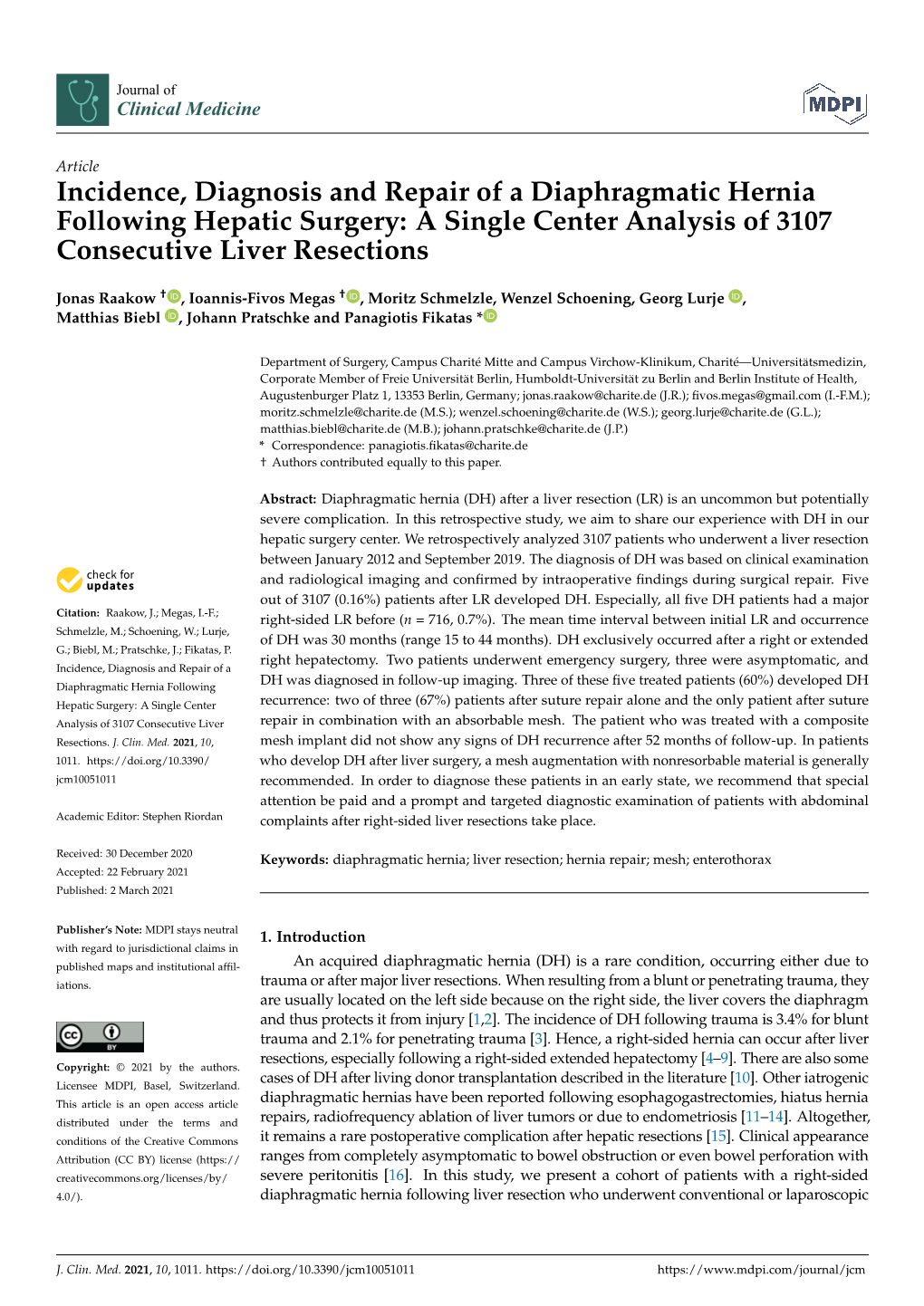 Incidence, Diagnosis and Repair of a Diaphragmatic Hernia Following Hepatic Surgery: a Single Center Analysis of 3107 Consecutive Liver Resections