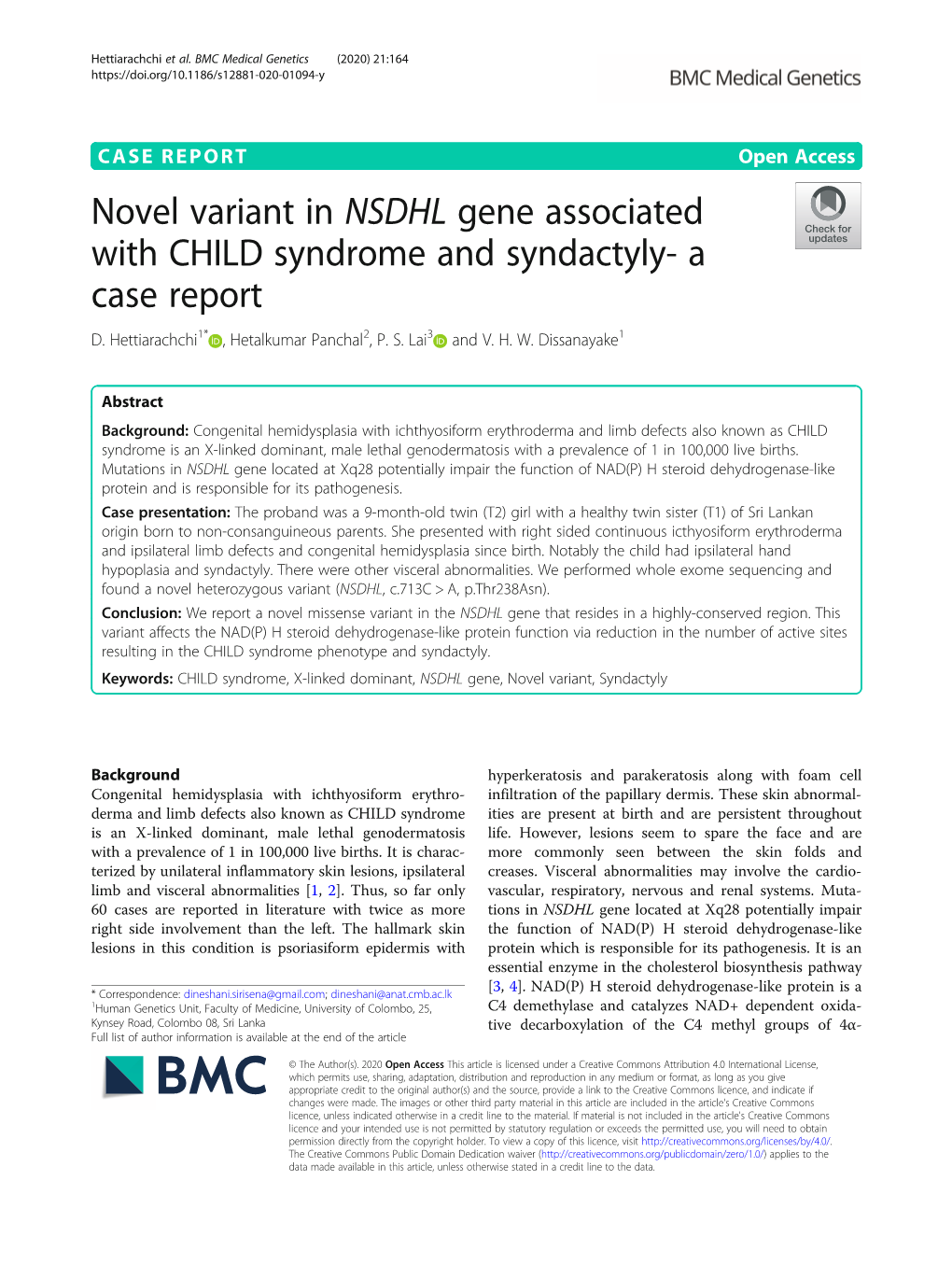 Novel Variant in NSDHL Gene Associated with CHILD Syndrome and Syndactyly- a Case Report D