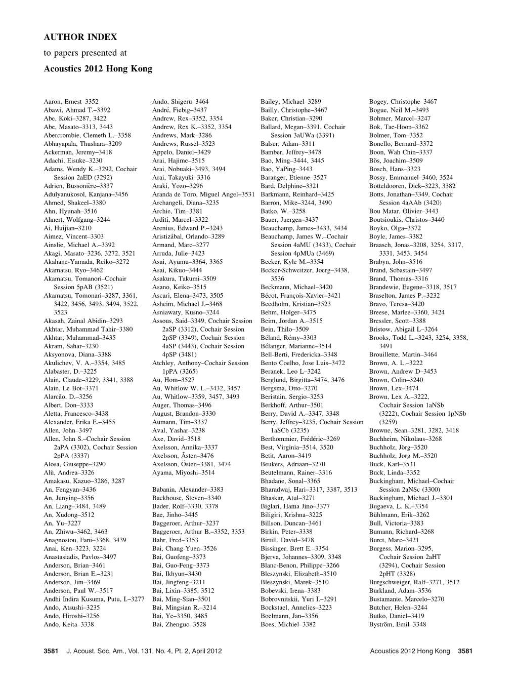 AUTHOR INDEX to Papers Presented at Acoustics 2012 Hong Kong