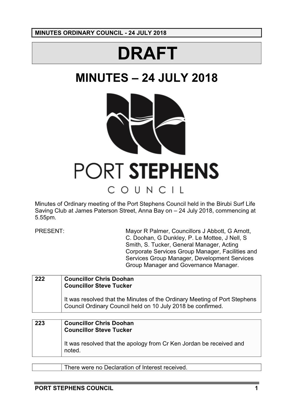 Minutes Ordinary Council - 24 July 2018