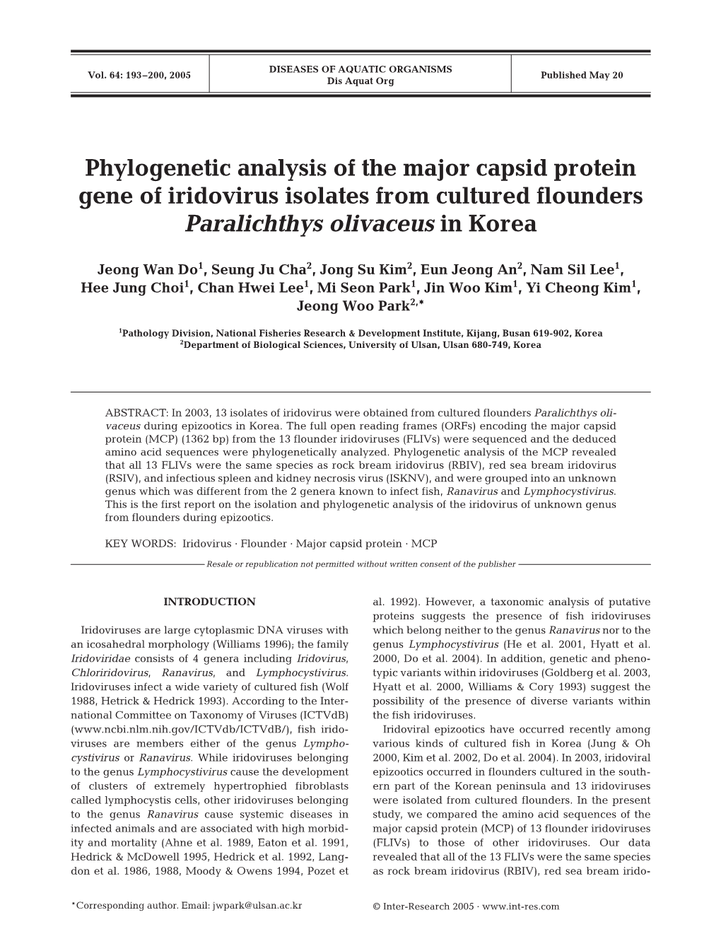 Phylogenetic Analysis of the Major Capsid Protein Gene of Iridovirus Isolates from Cultured Flounders Paralichthys Olivaceus in Korea