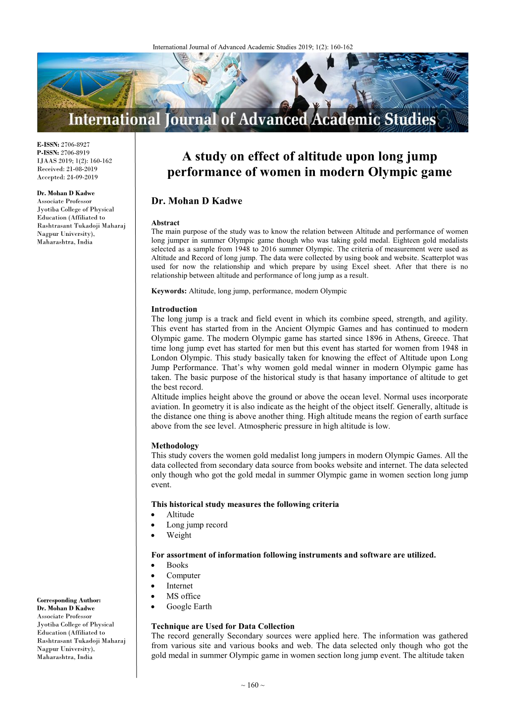 A Study on Effect of Altitude Upon Long Jump Performance of Women In