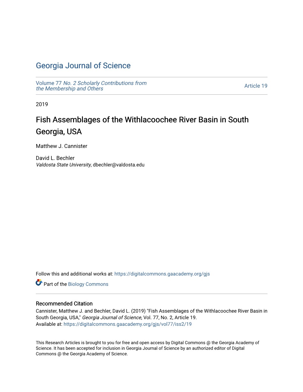 Fish Assemblages of the Withlacoochee River Basin in South Georgia, USA