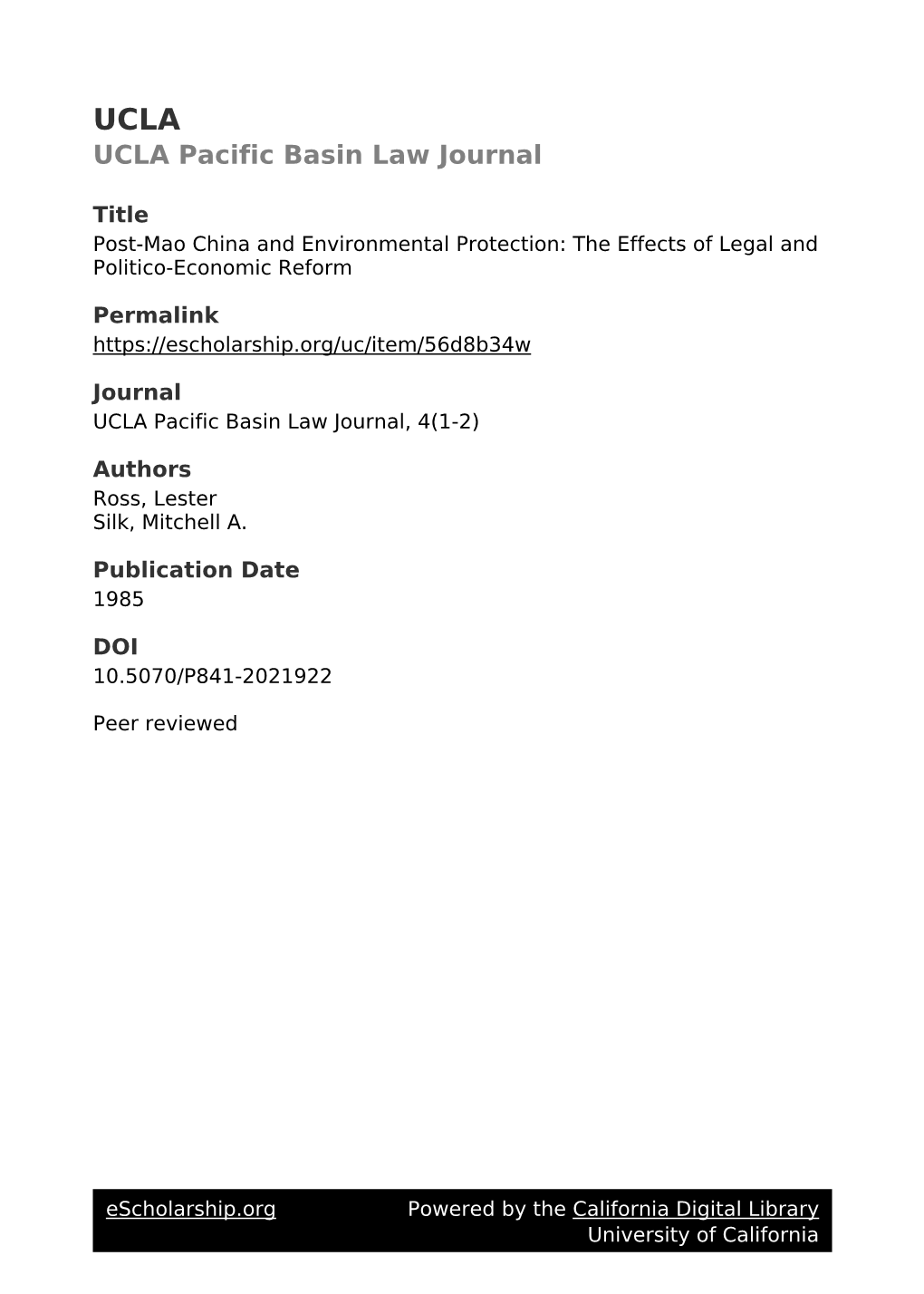 Post-Mao China and Environmental Protection: the Effects of Legal and Politico-Economic Reform