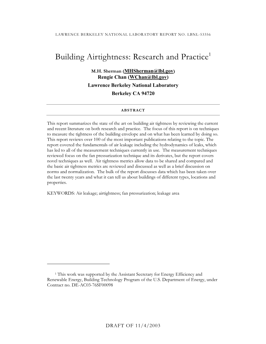 Building Airtightness: Research and Practice1