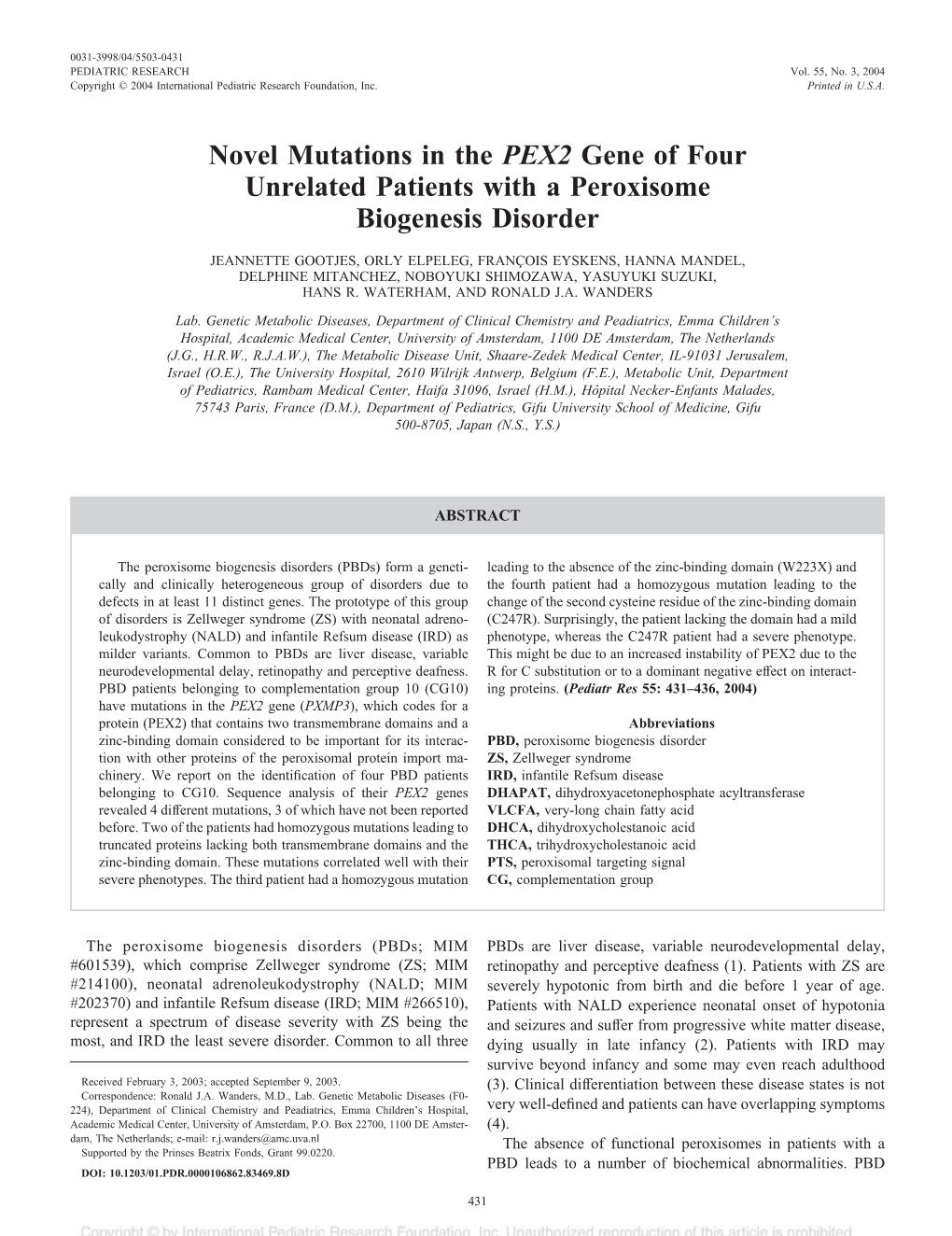 Novel Mutations in the PEX2 Gene of Four Unrelated Patients with a Peroxisome Biogenesis Disorder