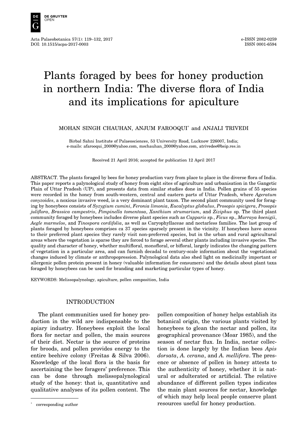 Plants Foraged by Bees for Honey Production in Northern India: the Diverse Flora of India and Its Implications for Apiculture