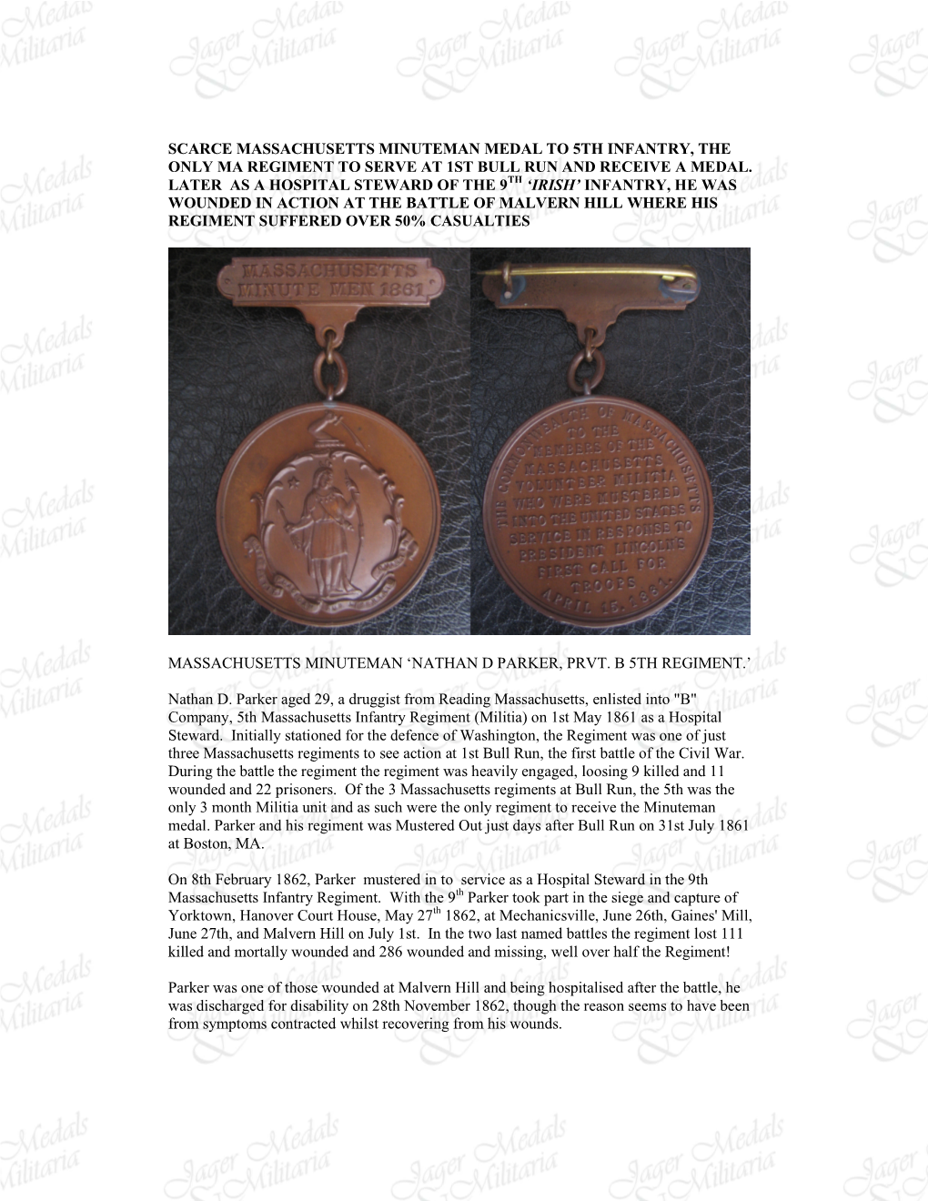 Scarce Massachusetts Minuteman Medal to 5Th Infantry, the Only Ma Regiment to Serve at 1St Bull Run and Receive a Medal